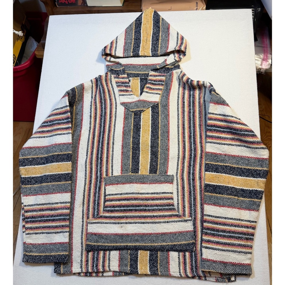 Vintage Baja Hoodie Woven Striped Pullover Cream Yellow Navy Red Mexican Poncho